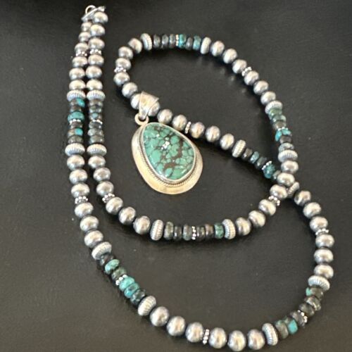Men's Navajo Blue Spiderweb Turquoise Pendant Necklace | Sterling Silver | Native American Handmade | 16240
