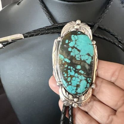 Men's Blue Spiderweb Turquoise Bolo Tie | Navajo Sterling Silver | Authentic Native American Handmade | 15010 - Masha USA