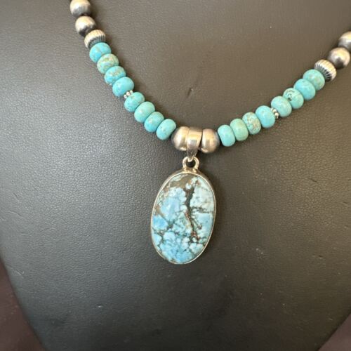 Navajo Men's Blue Spiderweb Turquoise Pendant Necklace | Sterling Silver | Authentic Native American Handmade | 17115 - Masha USA