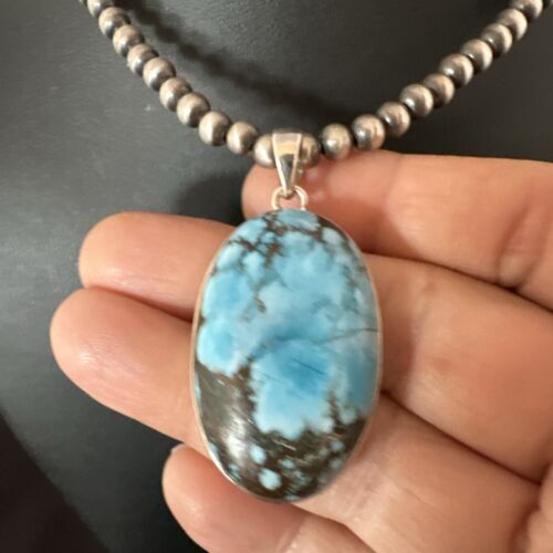 Navajo Blue Spiderweb Turquoise Pendant Necklace | Sterling Silver | Authentic Native American Handmade | 17018