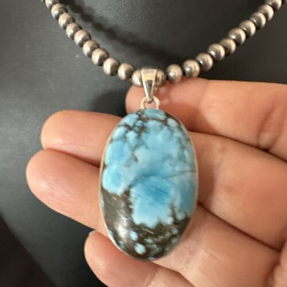 Navajo Blue Spiderweb Turquoise Pendant Necklace | Sterling Silver | Authentic Native American Handmade | 17018