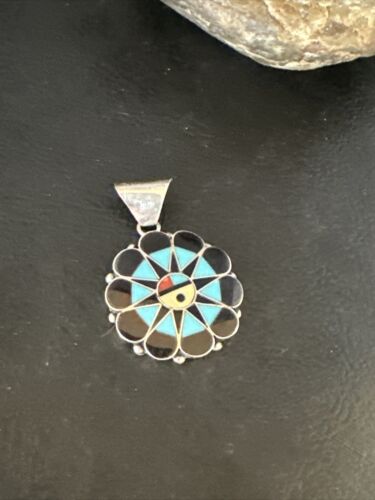 Zuni Sun Face Pendant | Turquoise, Mother of Pearl, Onyx Inlay | Sterling Silver | Native American Handmade | 15180