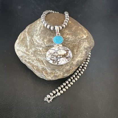 Navajo Wild Horse Blue Kingman Turquoise Necklace | Sterling Silver | Authentic Native American Handmade | 17323