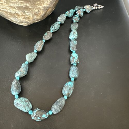 Navajo Blue Nugget Turquoise Bead Necklace | Sterling Silver Pearls | 20" | Authentic Native American Handmade | 16002
