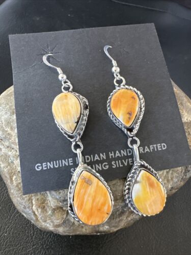 Navajo Orange Spiny Oyster Dangle Earrings | Sterling Silver | 1.5" | Authentic Native American Handmade | 16575