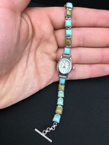 Navajo Blue Green Turquoise Watch Tips | Sterling Silver | Vintage | 7" | Authentic Native American Jewelry | 04916