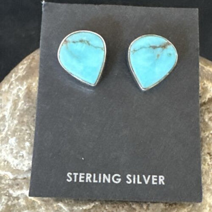 Navajo Blue Kingman Turquoise Post Stud Earrings | Sterling Silver | Authentic Native American Handmade | 17467