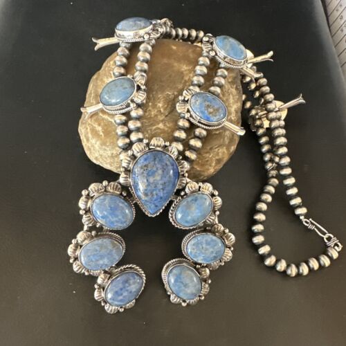 Navajo Sterling Silver Denim Lapis Pendant Necklace | Naja Squash Blossom | Authentic Native American Handmade | 15033