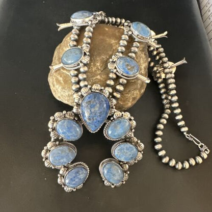 Navajo Sterling Silver Denim Lapis Pendant Necklace | Naja Squash Blossom | Authentic Native American Handmade | 15033