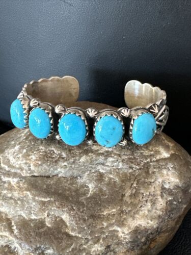 Navajo Blue Kingman Turquoise Cuff Bracelet | Sterling Silver | 5 Stone Design | Women's Jewelry | Authentic Native American Handmade