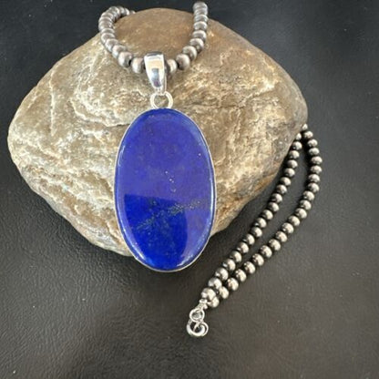 Navajo Blue Lapis Pendant with Pearls | Sterling Silver Necklace | 20" | Authentic Native American Handmade | 16910