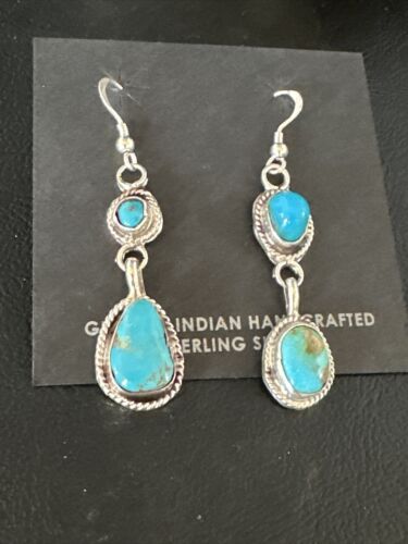 Kingman Turquoise Dangle Earrings | Navajo Handmade | Sterling Silver | Authentic Native American | 14867