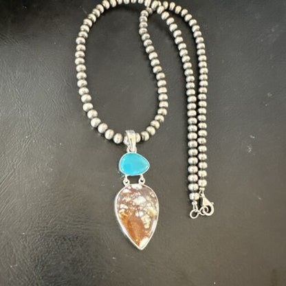 Navajo Wild Horse Blue Kingman Turquoise Necklace | Sterling Silver | Multi-Stone Pendant | 17315