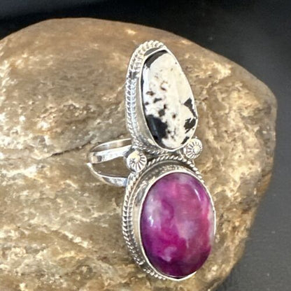 Navajo White Buffalo Turquoise Sugilite Ring | Authentic Native American Sterling Silver | Multi-Stone | Sz 9.5 | 16718