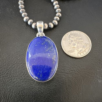 Navajo Blue Lapis Pendant with Pearls | Sterling Silver Necklace | 20" | Authentic Native American Handmade | 16662
