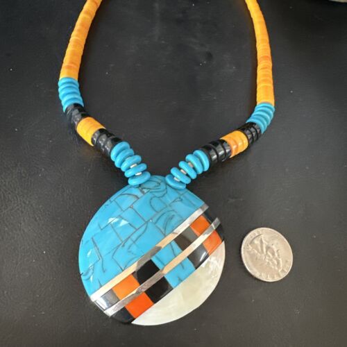 Santo Domingo Shell Turquoise Spiny Inlay Necklace | Sterling Silver | 22" | Authentic Native American Handmade | 15321
