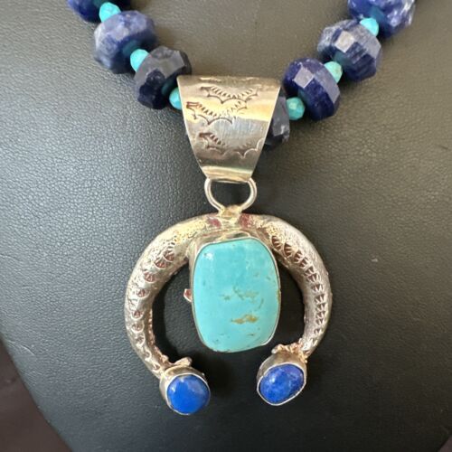 Navajo Blue Denim Lapis Turquoise Naja Pendant Necklace | Sterling Silver | Native American Handmade | 16320