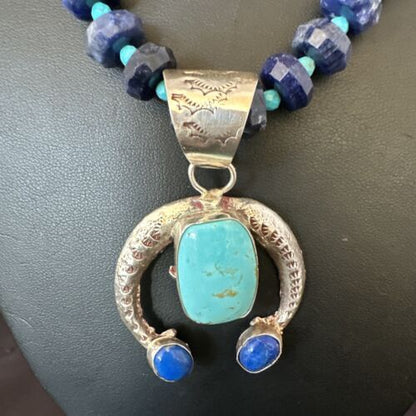 Navajo Blue Denim Lapis Turquoise Naja Pendant Necklace | Sterling Silver | Native American Handmade | 16320