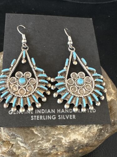 Zuni Kingman Turquoise Needle Point Dangle Earrings | Sterling Silver | Authentic Native American Handmade | 14876