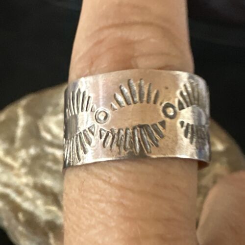 Men's Wide Band Navajo Stamped Ring | Sterling Silver | Sz 9.5 | Authentic Native American Handmade | 14982