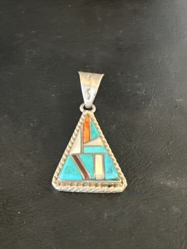 Navajo Blue Turquoise Spiny Mother of Pearl Inlay Pendant | Sterling Silver | Authentic Native American Handmade | 15195
