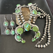 Green Sonoran Gold Turquoise Sterling Silver Squash Blossom Necklace Pendant | Navajo | 17207