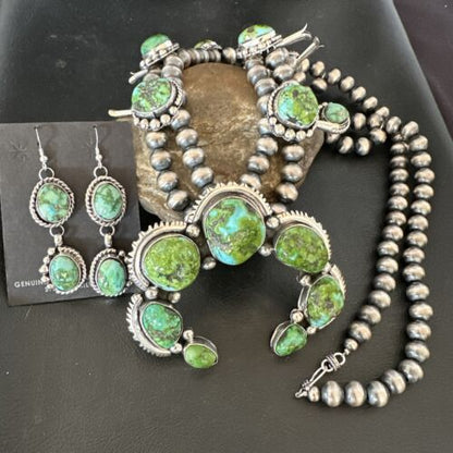 Green Sonoran Gold Turquoise Sterling Silver Squash Blossom Necklace Pendant | Navajo | 17207