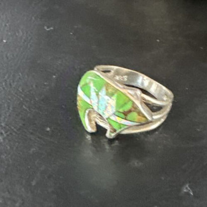 Navajo Bear Inlay Ring | Opal Green Turquoise | Sz 9.5 | Authentic Native American Handmade | 15396