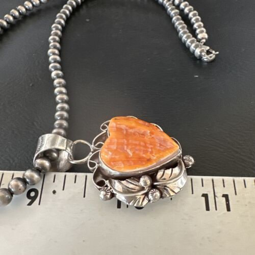 Navajo Orange Spiny Oyster Heart Pendant Necklace | Sterling Silver | Authentic Native American Handmade | 16552