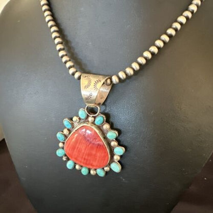Navajo Blue Kingman Turquoise & Red Spiny Oyster Pendant | Sterling Silver | 17227