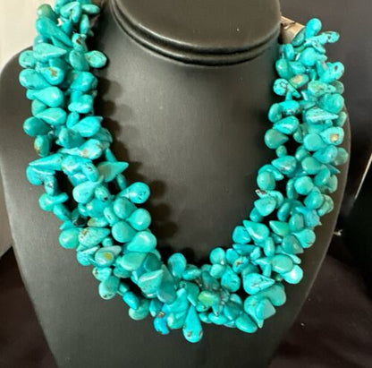 Navajo Teardrop Blue Turquoise Necklace | Sterling Silver Pearls | 19" 3 Strand | Authentic Native American Handmade | 17254