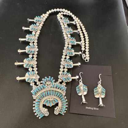 Zuni Turquoise Squash Blossom Necklace with Naja Earrings | Sterling Silver | Native American Handmade | 16541