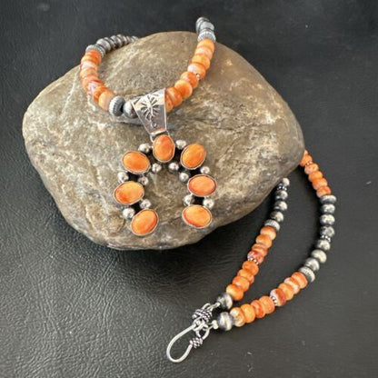 Navajo Pearls Sterling Silver Necklace | Spiny Oyster Cluster Naja Pendant | 17226