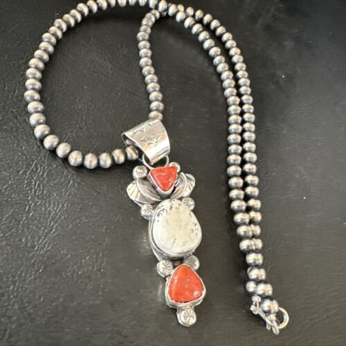 Navajo White Buffalo Coral Necklace | Sterling Silver | Native American Handmade | 15450