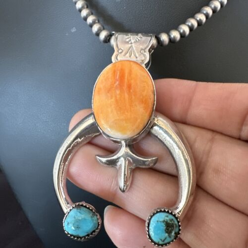 Navajo Blue Turquoise Orange Spiny Oyster Naja Pendant | Sterling Silver | Native American Handmade | 16410