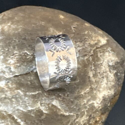 Men's Wide Band Navajo Stamped Ring | Sterling Silver | Sz 12 | Authentic Native American Handmade | 14981