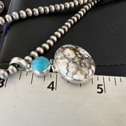 Navajo Wild Horse Blue Kingman Turquoise Necklace | Sterling Silver | Authentic Native American Handmade | 17323