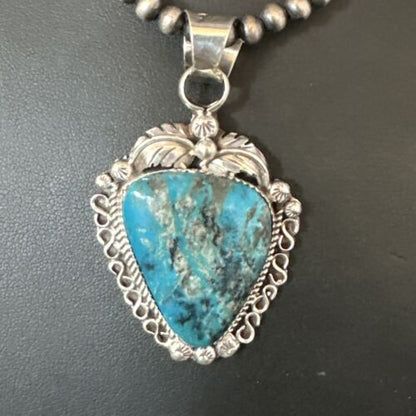 Navajo Kingman Turquoise Pendant Necklace | Sterling Silver Pearls | Authentic Native American Handmade | 15220 - Masha USA