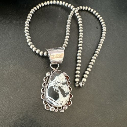 Men's White Buffalo Turquoise Pendant | Navajo Pearl Sterling Silver Necklace 21" | Handmade 17039