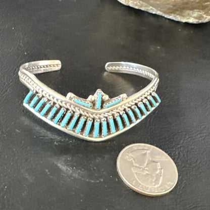 Native American Zuni Blue Turquoise Needle Point Cluster Cuff Bracelet | Sterling Silver | Handmade Southwestern Jewelry | 15068