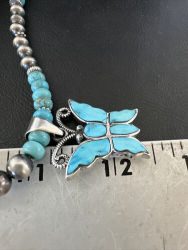 Navajo Butterfly Blue Ridge Turquoise Inlay Pendant | Sterling Silver Necklace | Authentic Native American Handmade | 17059