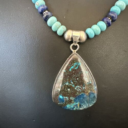 Blue Turquoise Jasper Pendant | Lapis Navajo Pearls | Sterling Silver Necklace 16927 - Masha USA