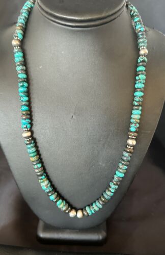 Men's Blue Spiderweb Turquoise Necklace | 8mm | Navajo Sterling Silver | 22" | Authentic Native American Handmade | 11702