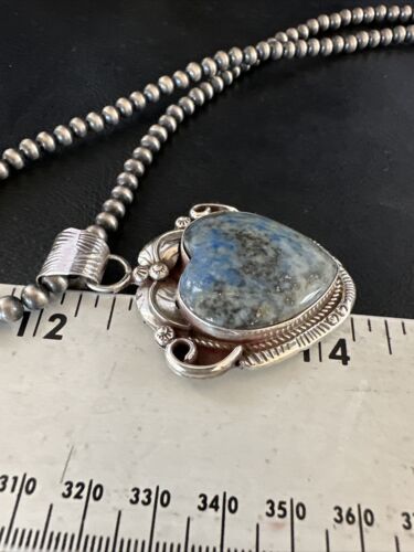 Navajo Blue Heart Denim Lapis Pendant Necklace | Sterling Silver Pearls | Authentic Native American Handmade | 15521