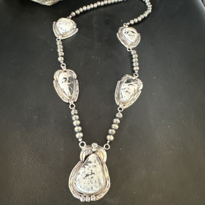 Navajo White Buffalo Turquoise Pendant Necklace | Sterling Silver | Authentic Native American Handmade | 15249