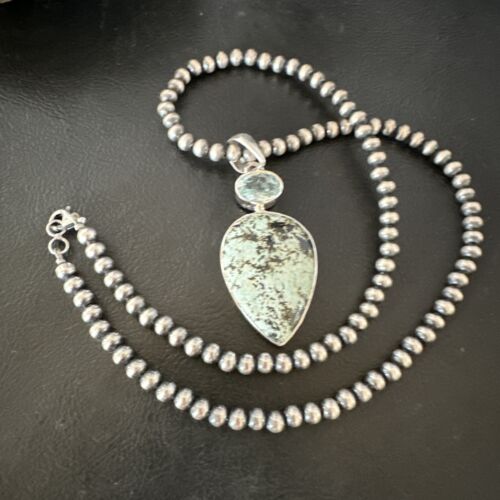 Navajo Dry Creek Turquoise Topaz Pendant Necklace | Sterling Silver | Authentic Native American Handmade | 16314
