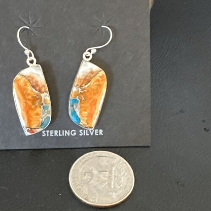 Navajo Blue Turquoise & Orange Spiny Oyster Inlay Dangle Earrings | Sterling Silver | Authentic Native American Handmade | 15580
