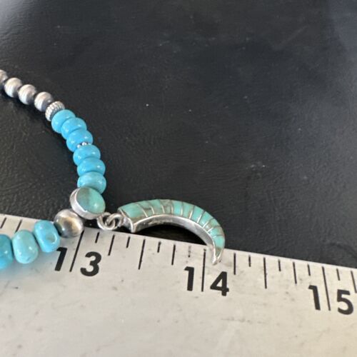 Navajo Blue Turquoise Inlay Pendant | Sterling Silver Necklace | Authentic Native American Handmade | 15422