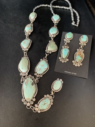 Navajo Blue Turquoise Lariat Necklace Set | Authentic Native American Sterling Silver | 30" | 13834
