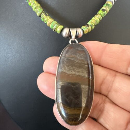 Navajo Green Turquoise Jasper Pendant | Sterling Silver Necklace | Authentic Native American Handmade | 17053
